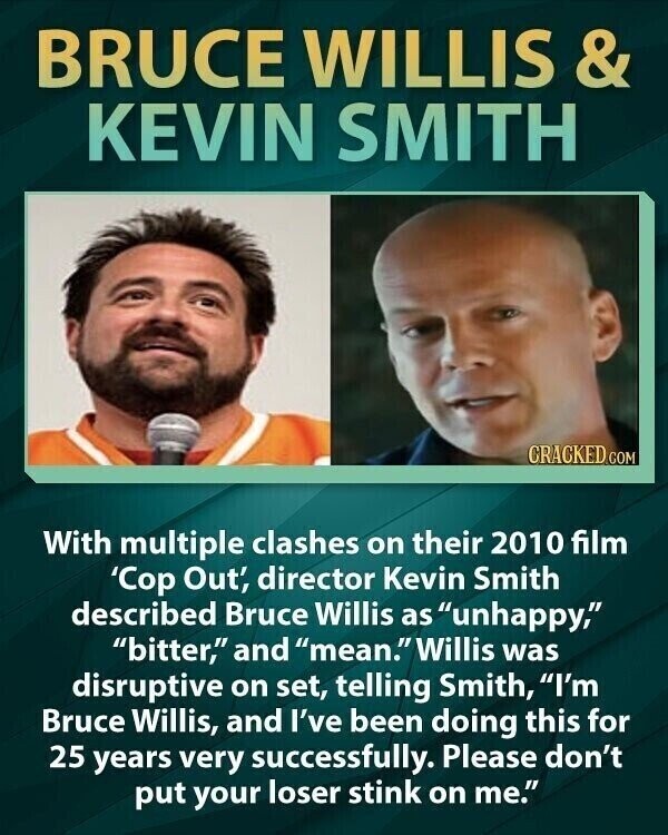 BRUCE WILLIS & KEVIN SMITH CRACKED COM With multiple clashes on their 2010 film 'Cop Out', director Kevin Smith described Bruce Willis as unhappy, bitter, and mean. Willis was disruptive on set, telling Smith, I'm Bruce Willis, and I've been doing this for 25 years very successfully. Please don't put your loser stink on me.