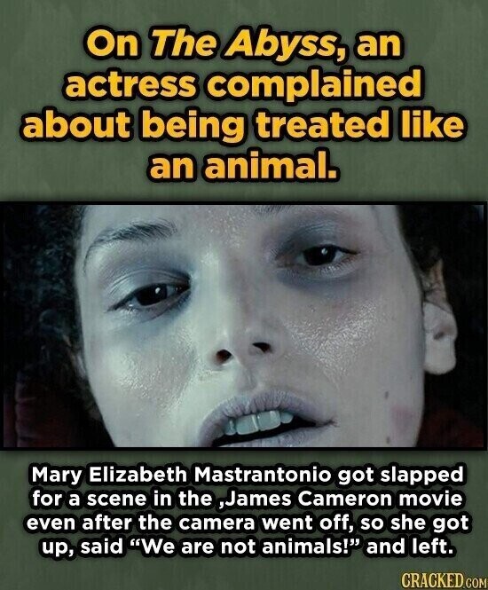 On The Abyss, an actress complained about being treated like an animal. Mary Elizabeth Mastrantonio got slapped for a scene in the ,James Cameron movie even after the camera went off, so she got up, said We are not animals! and left. CRACKED.COM