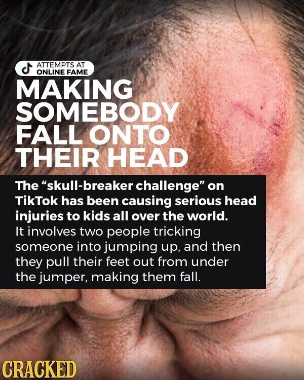 ATTEMPTS AT ONLINE FAME MAKING SOMEBODY FALL ONTO THEIR HEAD The skull-breaker challenge on TikTok has been causing serious head injuries to kids all over the world. It involves two people tricking someone into jumping up, and then they pull their feet out from under the jumper, making them fall. CRACKED