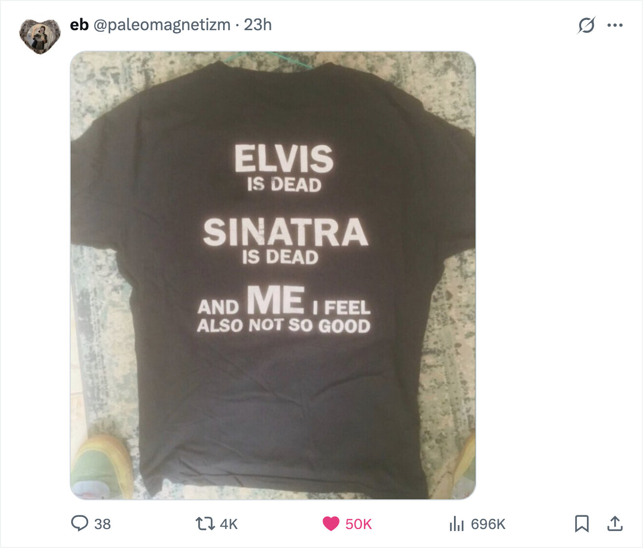 eb @paleomagnetizm 2 23h s ... ELVIS IS DEAD SINATRA IS DEAD AND ME I FEEL ALSO NOT so GOOD 38 4K 50K del 696K 