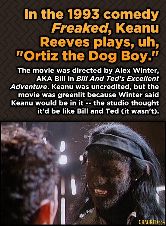 In the 1993 comedy Freaked, Keanu Reeves plays, uh, Ortiz the Dog Boy. The movie was directed by Alex Winter, AKA Bill in Bill And Ted's Excellent Adventure. Keanu was uncredited, but the movie was greenlit because Winter said Keanu would be in it t---the studio thought it'd be like Bill and Ted (it wasn't). CRACKED.COM