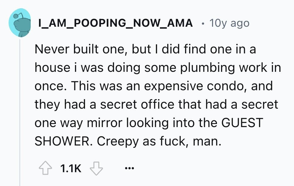 I_AM_POOPING_NOW_AMA 10y ago Never built one, but I did find one in a house i was doing some plumbing work in once. This was an expensive condo, and they had a secret office that had a secret one way mirror looking into the GUEST SHOWER. Creepy as fuck, man. 1.1K ...