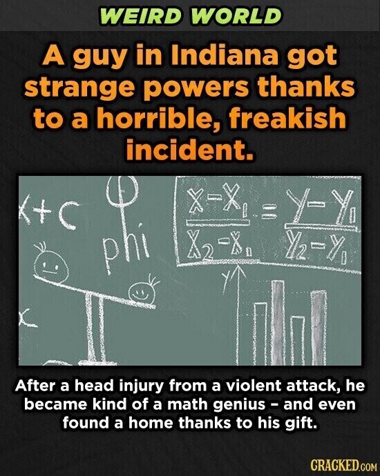 WEIRD WORLD A guy in Indiana got strange powers thanks to a horrible, freakish incident. X-X 1 Y-Y x2 -X 12-% After a head injury from a violent attack, he became kind of a math genius - and even found a home thanks to his gift. CRACKED.COM