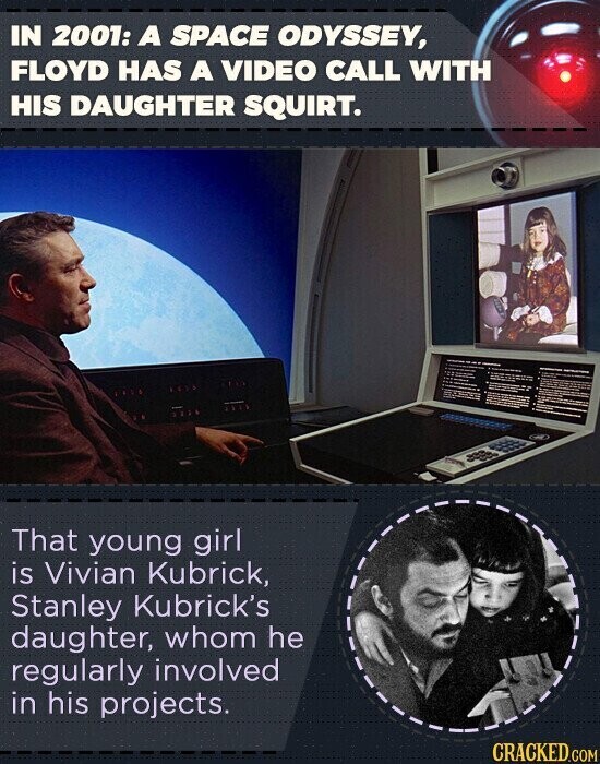 IN 2001: A SPACE ODYSSEY, FLOYD HAS A VIDEO CALL WITH HIS DAUGHTER SQUIRT. That young girl is Vivian Kubrick, Stanley Kubrick's daughter, whom he regularly involved in his projects. CRACKED.COM