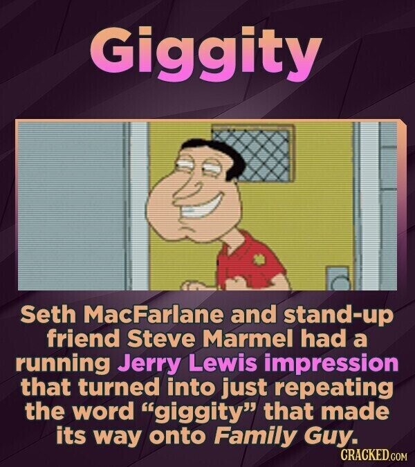 Giggity Seth MacFarlane and stand-up friend Steve Marmel had a running Jerry Lewis impression that turned into just repeating the word giggity that made its way onto Family Guy. CRACKED.COM
