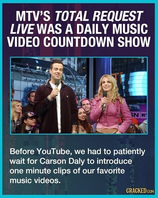 MTV'S TOTAL REQUEST LIVE WAS A DAILY MUSIC VIDEO COUNTDOWN SHOW PULL SN Before YouTube, we had to patiently wait for Carson Daly to introduce one minute clips of our favorite music videos. CRACKED.COM