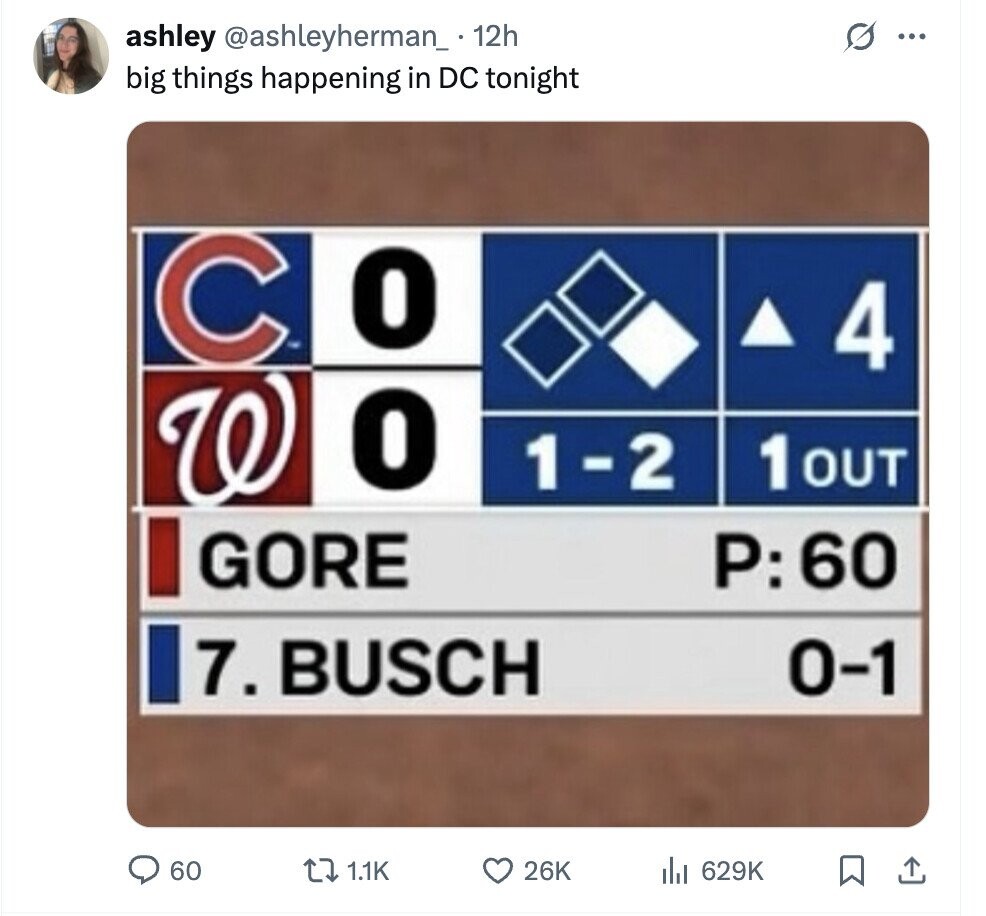 ashley @ashleyherman_ 12h ... big things happening in DC tonight C o 4 W o 1-2 1 OUT GORE P:60 7. BUSCH 0-1 60 1.1K 26K 629K