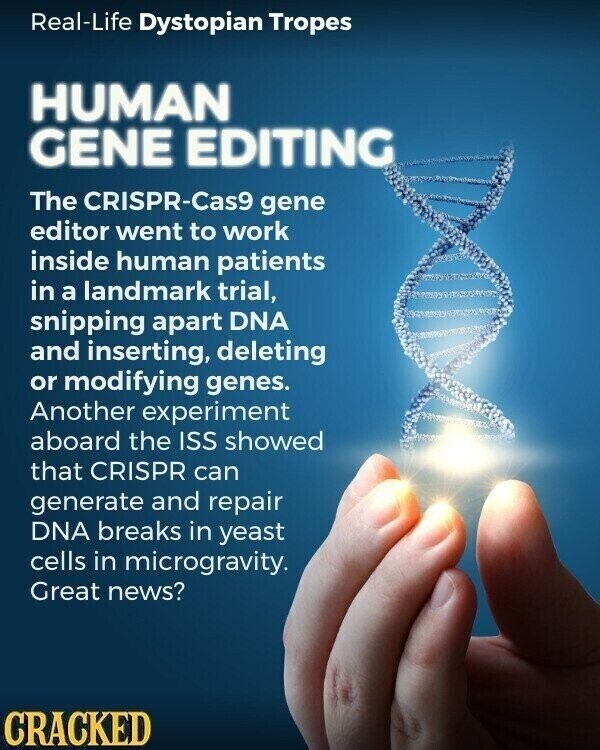 Real-Life Dystopian Tropes HUMAN GENE EDITING The CRISPR-Cas9 gene editor went to work inside human patients in a landmark trial, snipping apart DNA and inserting, deleting or modifying genes. Another experiment aboard the ISS showed that CRISPR can generate and repair DNA breaks in yeast cells in microgravity. Great news? CRACKED