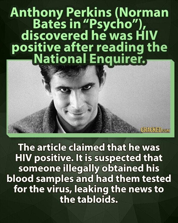 Anthony Perkins (Norman Bates in Psycho), discovered he was HIV positive after reading the National Enquirer. CRACKED.COM The article claimed that he was HIV positive. It is suspected that someone illegally obtained his blood samples and had them tested for the virus, leaking the news to the tabloids.