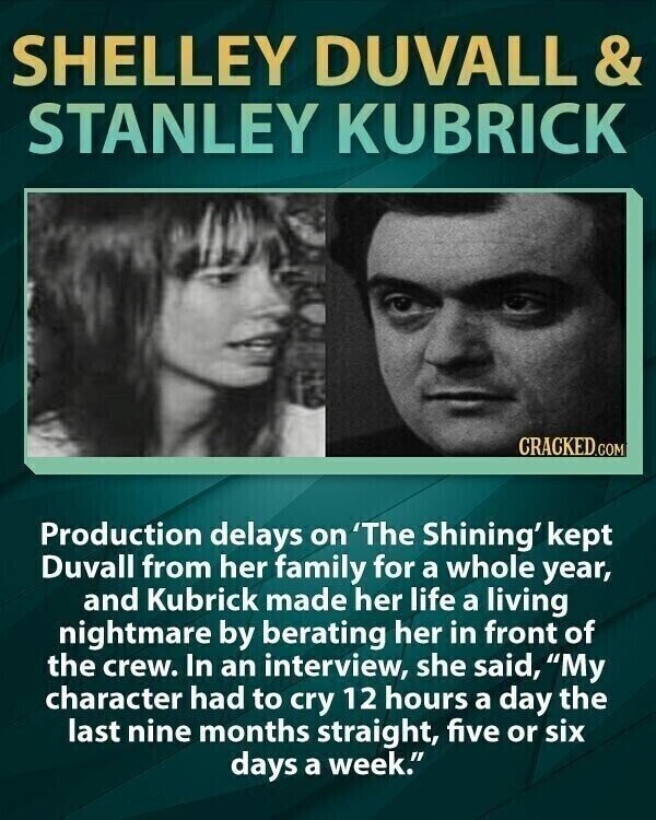 SHELLEY DUVALL & STANLEY KUBRICK CRACKED.COM Production delays on 'The Shining' kept Duvall from her family for a whole year, and Kubrick made her life a living nightmare by berating her in front of the crew. In an interview, she said, My character had to cry 12 hours a day the last nine months straight, five or six days a week.