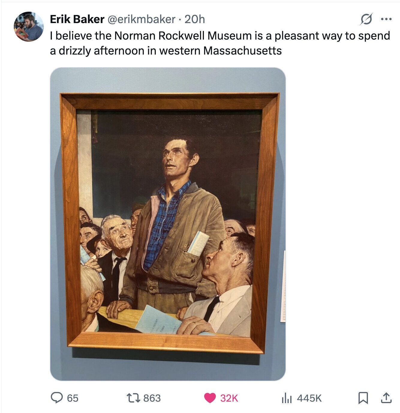 Erik Baker @erikmbaker. 20h s ... I believe the Norman Rockwell Museum is a pleasant way to spend a drizzly afternoon in western Massachusetts 65 863 32K 445K 