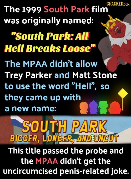 CRACKED.COM The 1999 South Park film was originally named: South Park: All Hell Breaks Loose The MPAA didn't allow Trey Parker and Matt Stone to use the word Hell, so they came up with a new name: SOUTH PARK BIGGER, LONGER, AND UNCUT This title passed the probe and the MPAA didn't get the uncircumcised penis-related joke.