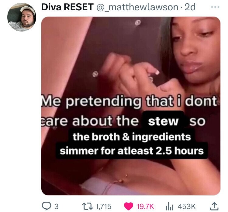 Diva RESET @_matthewlawson.2d ... Me pretending that i dont care about the stew so the broth & ingredients simmer for atleast 2.5 hours 3 1,715 19.7K 453K