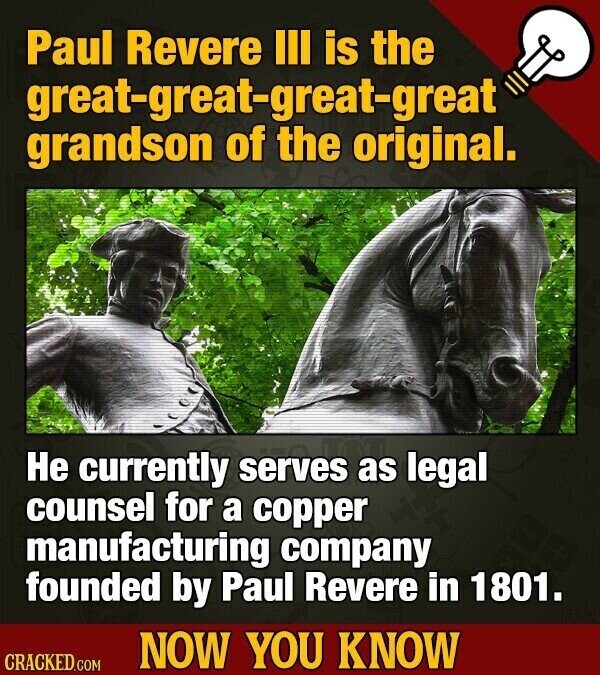Paul Revere III is the great-great-great-great grandson of the original. Не currently serves as legal counsel for a copper manufacturing company founded by Paul Revere in 1801. NOW YOU KNOW CRACKED.COM