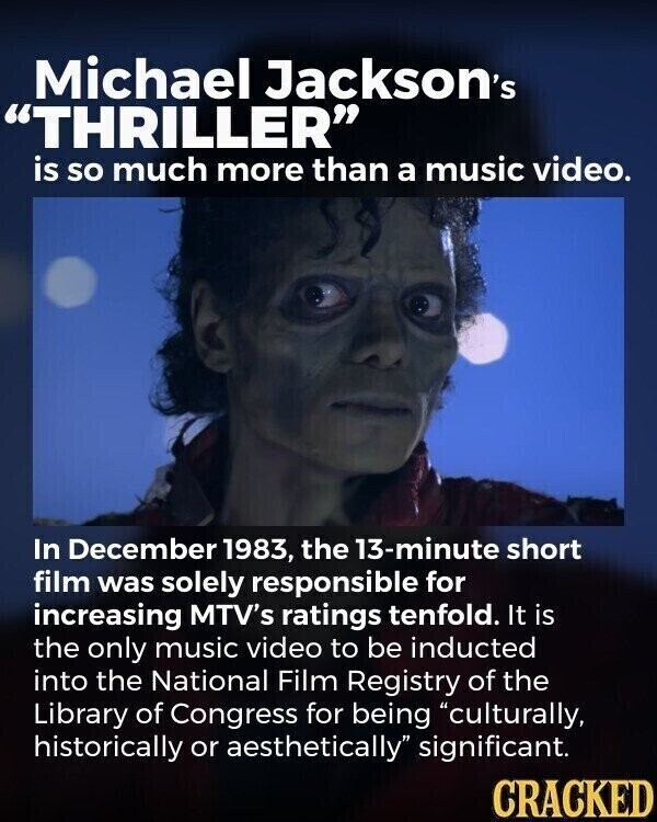 Michael Jackson's THRILLER is so much more than a music video. In December 1983, the 13-minute short film was solely responsible for increasing MTV's ratings tenfold. It is the only music video to be inducted into the National Film Registry of the Library of Congress for being culturally, historically or aesthetically significant. CRACKED