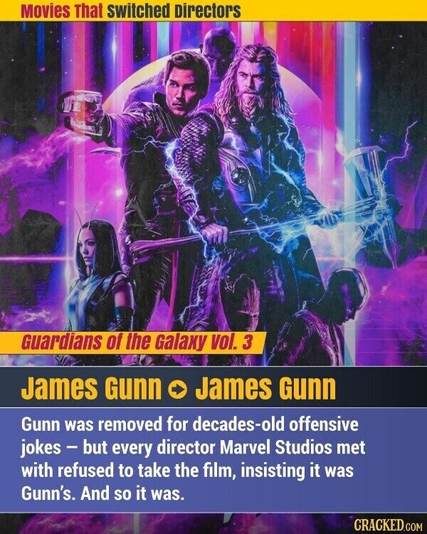 Movies That switched Directors Guardians of the Galaxy vol. 3 James Gunn James Gunn Gunn was removed for decades-old offensive jokes - but every director Marvel Studios met with refused to take the film, insisting it was Gunn's. And so it was. CRACKED.COM