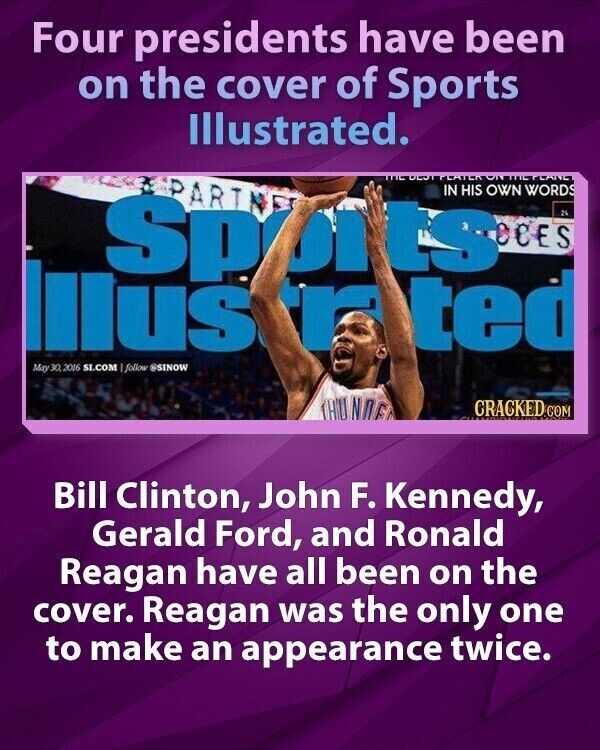 Four presidents have been on the cover of Sports Illustrated. PARINE IN HIS OWN WORDS Sp OR ts® e C E S 24 Illus r ted May 30, 2016 SL.COM I follow @SINOW THUNNE CRACKED COM Bill Clinton, John F. Kennedy, Gerald Ford, and Ronald Reagan have all been on the cover. Reagan was the only one to make an appearance twice.