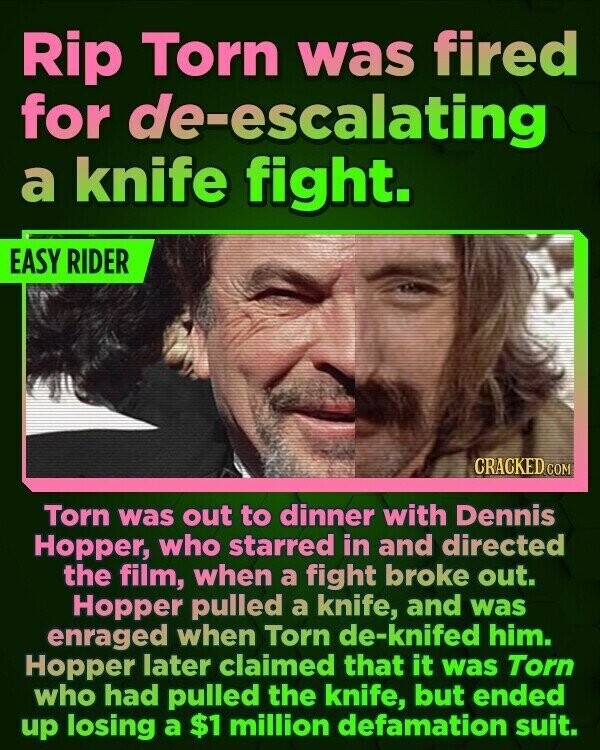 Rip Torn was fired for de-escalating a knife fight. EASY RIDER CRACKED.COM Torn was out to dinner with Dennis Hopper, who starred in and directed the film, when a fight broke out. Hopper pulled a knife, and was enraged when Torn de-knifed him. Hopper later claimed that it was Torn who had pulled the knife, but ended up losing a $1 million defamation suit.