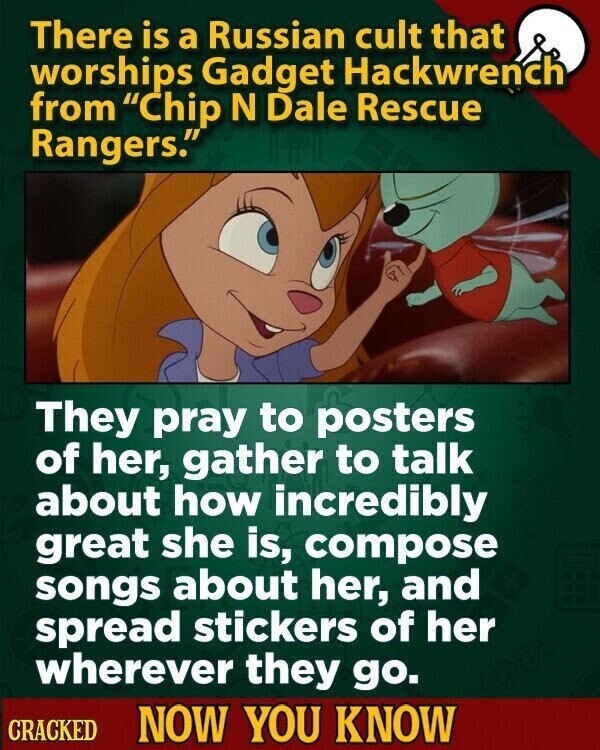 There is a Russian cult that worships Gadget Hackwrench from Chip N Dale Rescue Rangers. They pray to posters of her, gather to talk about how incredibly great she is, compose songs about her, and spread stickers of her wherever they go. CRACKED NOW YOU KNOW