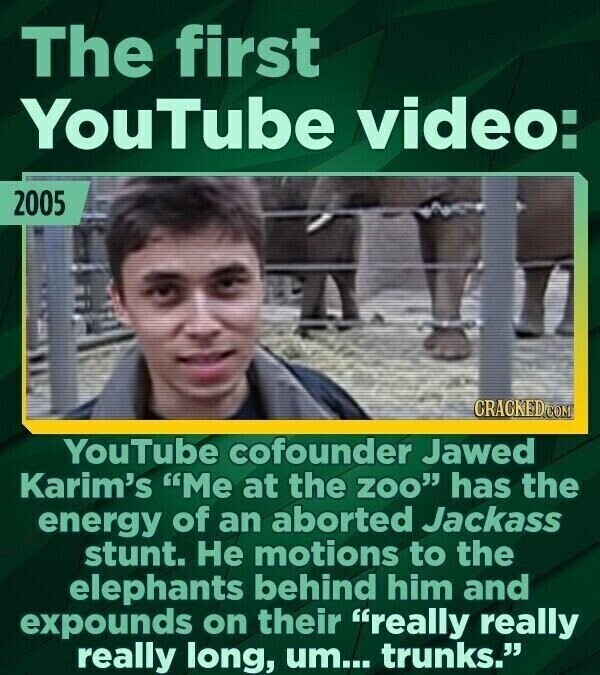 The first YouTube video: 2005 CRACKED.COM YouTube cofounder Jawed Karim's Me at the ZOO has the energy of an aborted Jackass stunt. Не motions to the elephants behind him and expounds on their really really really long, um... trunks.