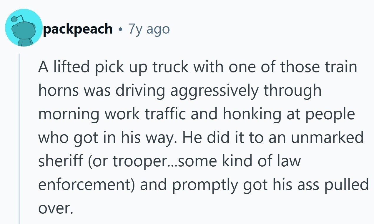 packpeach a 7y ago A lifted pick up truck with one of those train horns was driving aggressively through morning work traffic and honking at people who got in his way. Не did it to an unmarked sheriff (or trooper...some kind of law enforcement) and promptly got his ass pulled over.