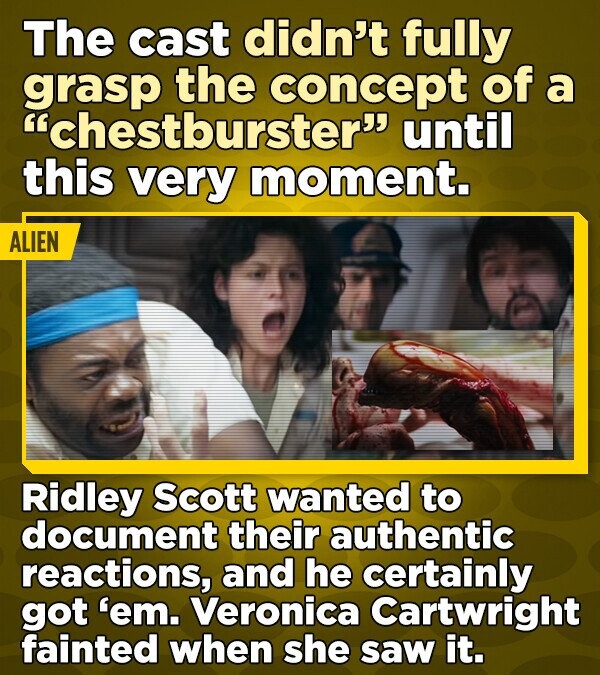 The cast didn't fully grasp the concept of a chestburster until this very moment. ALIEN Ridley Scott wanted to document their authentic reactions, and he certainly got 'em. Veronica Cartwright fainted when she saw it.
