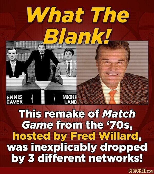 What The Blank! MICHA ENNIS LAND EAVER 300 This remake of Match Game from the '70s, hosted by Fred Willard, was inexplicably dropped by 3 different networks! CRACKED.COM