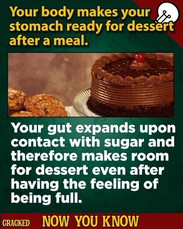 Your body makes your stomach ready for dessert after a meal. Your gut expands upon contact with sugar and therefore makes room for dessert even after having the feeling of being full. CRACKED NOW YOU KNOW