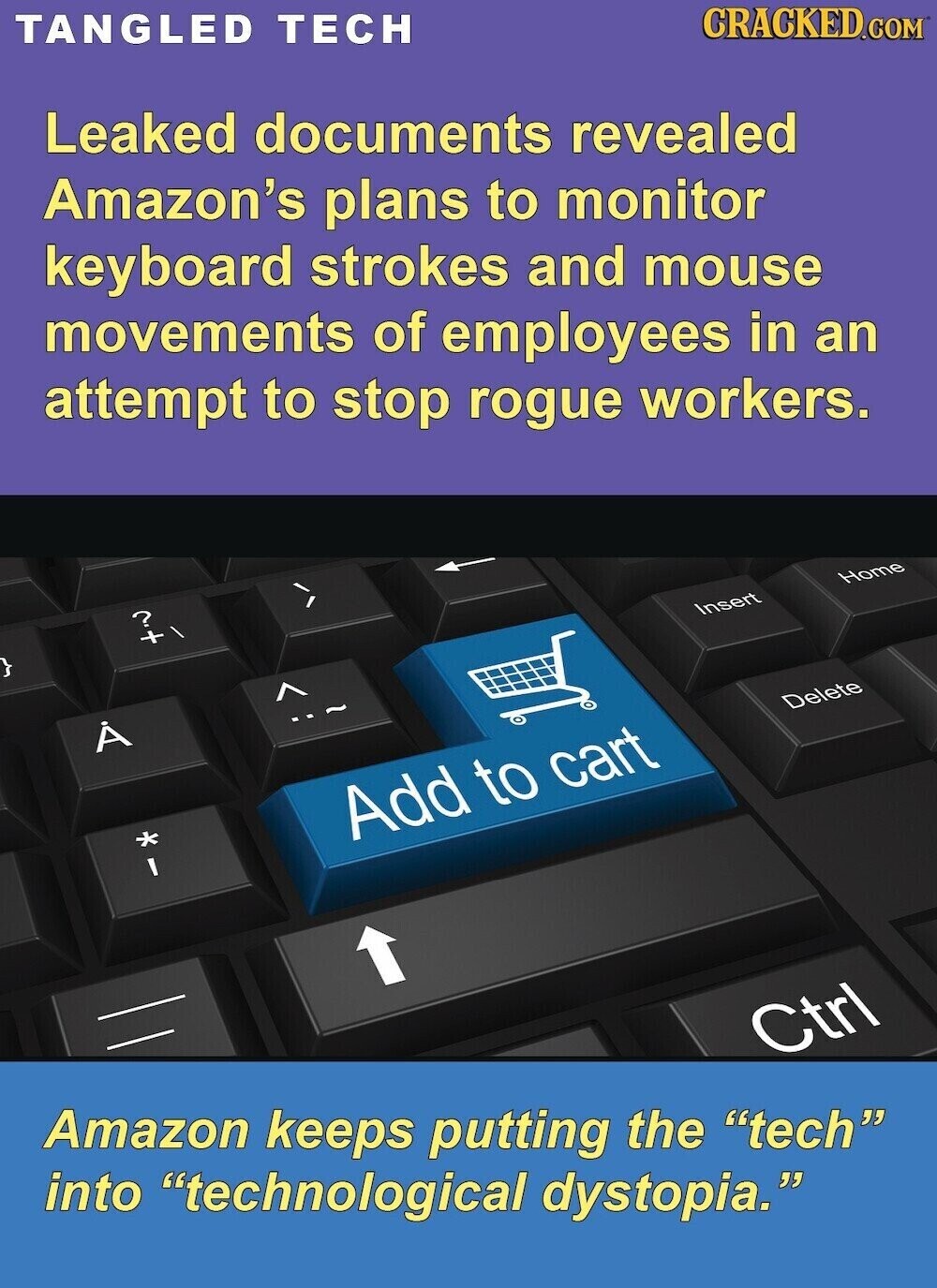 CRACKED.COM TANGLED TECH Leaked documents revealed Amazon's plans to monitor keyboard strokes and mouse movements of employees in an attempt to stop rogue workers. Home Insert tv Delete À Add to cart Ctrl Amazon keeps putting the tech into technological dystopia.