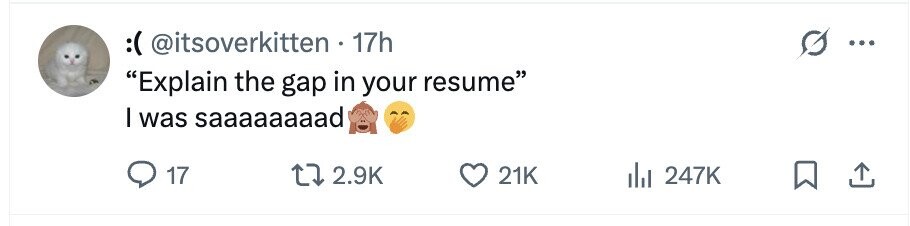 :( @itsoverkitten 17h ... Explain the gap in your resume I was saaaaaaaad 17 2.9K 21K 247K