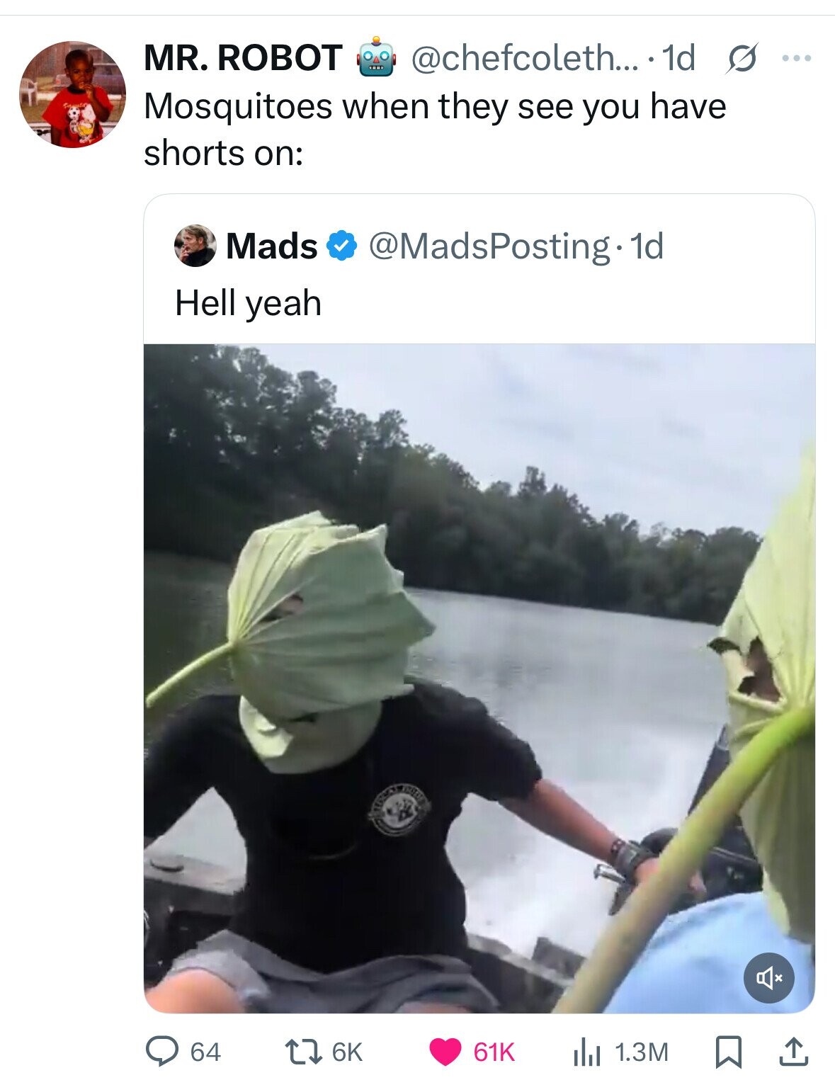 MR. ROBOT @chefcoleth... 1d s ... Mosquitoes when they see you have shorts on: Mads @MadsPosting. 1d Hell yeah MARIN 64 6K 61K 1.3M 