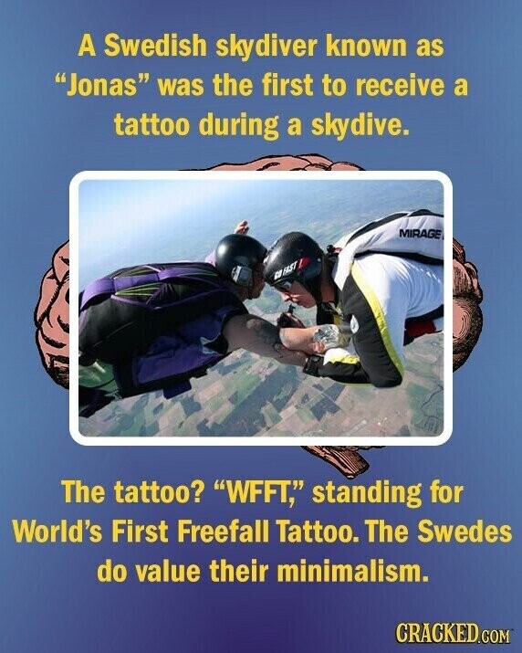 A Swedish skydiver known as Jonas was the first to receive a tattoo during a skydive. MIRAGE CA FAST The tattoo? WFFT, standing for World's First Freefall Tattoo. The Swedes do value their minimalism. CRACKED.COM