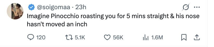 @soigomaa . 23h ... Imagine Pinocchio roasting you for 5 mins straight & his nose hasn't moved an inch 120 5.1K 56K 1.6M