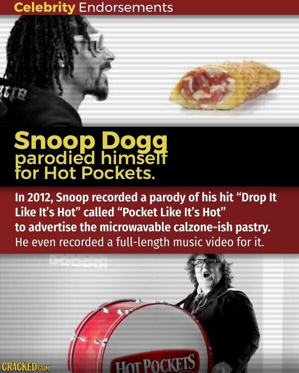 Celebrity Endorsements Snoop Dogg parodied himseTt for Hot Pockets. In 2012, Snoop recorded a parody of his hit Drop It Like It's Hot called Pocket Like It's Hot to advertise the microwavable calzone-ish pastry. Не even recorded a full-length music video for it. CRACKED.COM HOT POCKETS