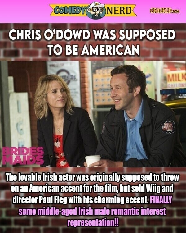 COMEDY NERD GRAGKED.COM CHRIS O'DOWD WAS SUPPOSED TO BE AMERICAN are MILK CALLONS STATE PATRO BRIDES MAIDS The lovable Irish actor was originally supposed to throw on an American accent for the film, but sold Wiig and director Paul Fieg with his charming accent. FINALLY some middle-aged Irish male romantic interest representation!!