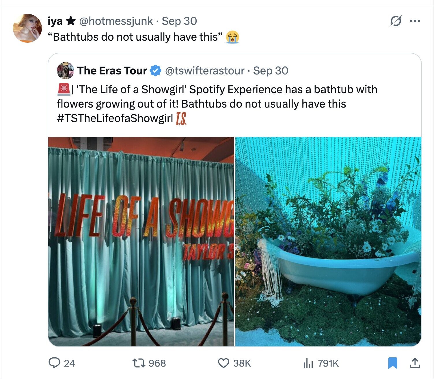 S iya @hotmessjunk Sep 30 ... Bathtubs do not usually have this The Eras Tour @tswifterastour - Sep 30 'The Life of a Showgirl' Spotify Experience has a bathtub with flowers growing out of it! Bathtubs do not usually have this #TSTheLifeofaShowgirl T.S. LIFE OF A SHOWO TAYLOR S 24 968 38K 791K 
