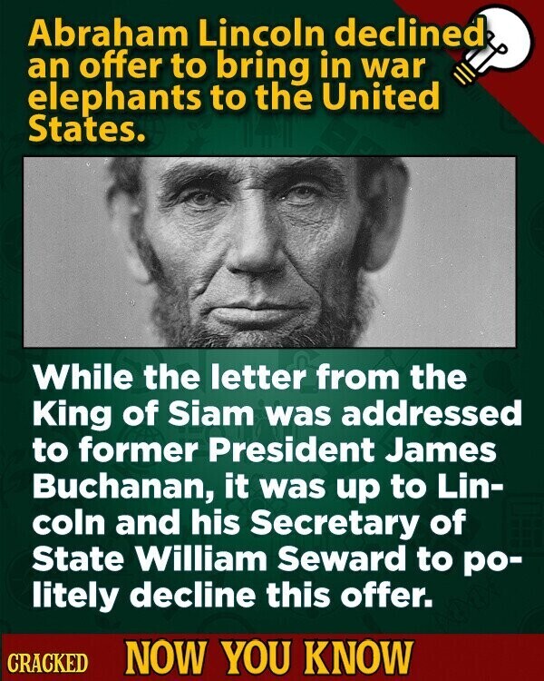 Abraham Lincoln declined an offer to bring in war elephants to the United States. While the letter from the King of Siam was addressed to former President James Buchanan, it was up to Lin- coln and his Secretary of State William Seward to po- litely decline this offer. CRACKED NOW YOU KNOW