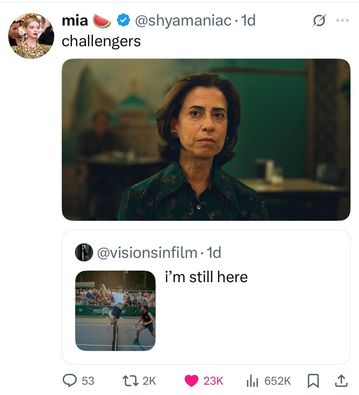 mia @shyamaniac.1d s ... challengers @visionsinfilm.1d i'm still here 53 2K 23K 652K 