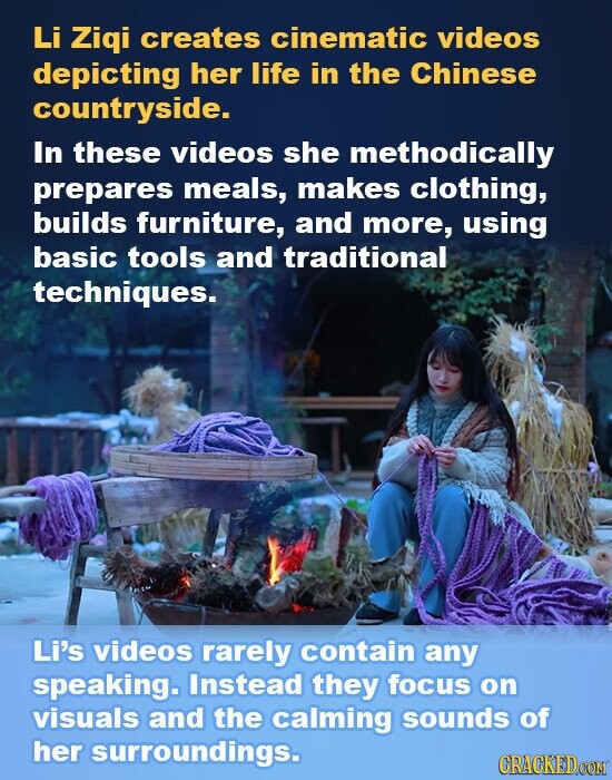 Li Ziqi creates cinematic videos depicting her life in the Chinese countryside. In these videos she methodically prepares meals, makes clothing, builds furniture, and more, using basic tools and traditional techniques. Li's videos rarely contain any speaking. Instead they focus on visuals and the calming sounds of her surroundings. GRACKED.COM