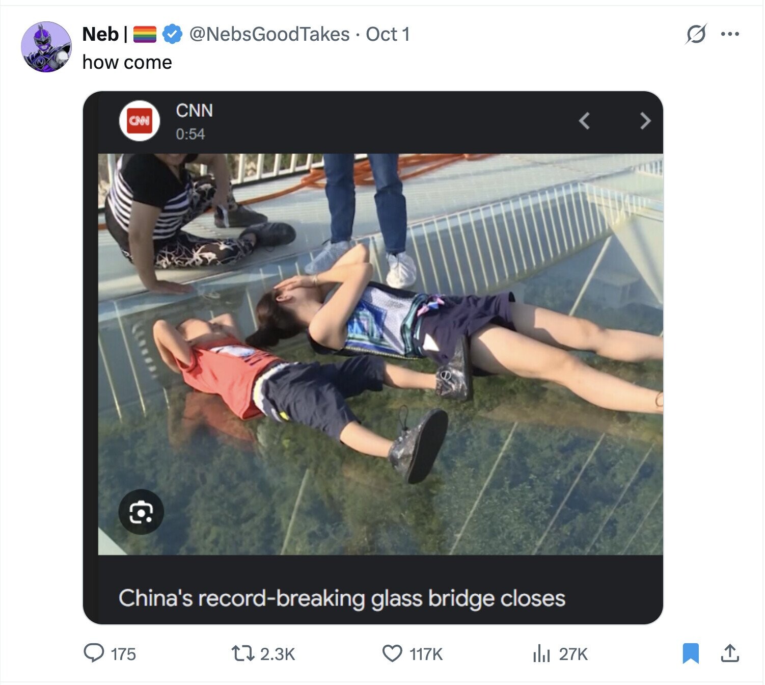 Neb @NebsGoodTakes Oct 1 s ... how come CNN CNN 0:54 China's record-breaking glass bridge closes 2.3K 117K 175 del 27K 