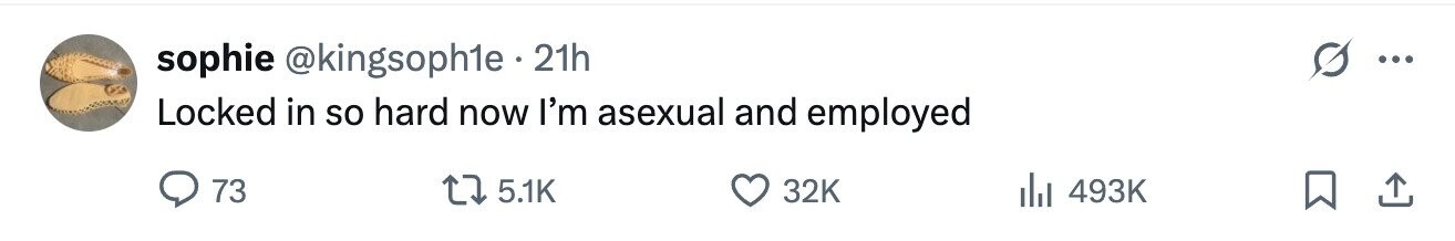 sophie @kingsoph1e 21h ... Locked in so hard now I'm asexual and employed 73 5.1K 32K 493K
