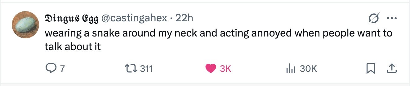 Dingus Egg @castingahex.2 22h ... wearing a snake around my neck and acting annoyed when people want to talk about it 7 311 3K 30K 