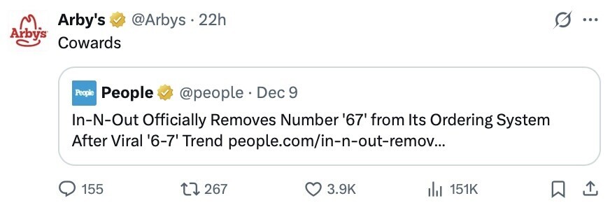 Arby's @Arbys 22h ... Arbys Cowards People People @people Dec 9 In-N-Out Officially Removes Number '67' from Its Ordering System After Viral '6-7' Trend people.com/in-n-out-remov... 155 267 3.9K 151K 