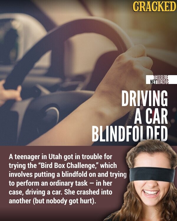 CRACKED TERRIBLE NETTRENDS DRIVING A CAR BLINDFOLDED A teenager in Utah got in trouble for trying the Bird Box Challenge, which involves putting a blindfold on and trying to perform an ordinary task - in her case, driving a car. She crashed into another (but nobody got hurt).