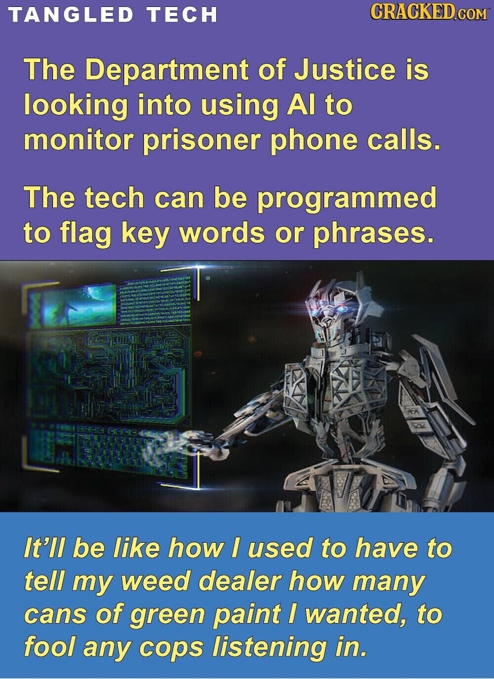 CRACKED.COM TANGLED TECH The Department of Justice is looking into using Al to monitor prisoner phone calls. The tech can be programmed to flag key words or phrases. It'll be like how I used to have to tell my weed dealer how many cans of green paint I wanted, to fool any cops listening in.