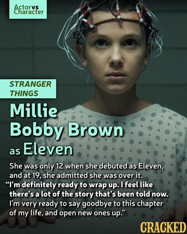 Actorvs Character STRANGER THINGS Millie Bobby Brown as Eleven She was only 12 when she debuted as Eleven, and at 19, she admitted she was over it. I'm definitely ready to wrap up. I feel like there's a lot of the story that's been told now. I'm very ready to say goodbye to this chapter of my life, and open new ones up. CRACKED