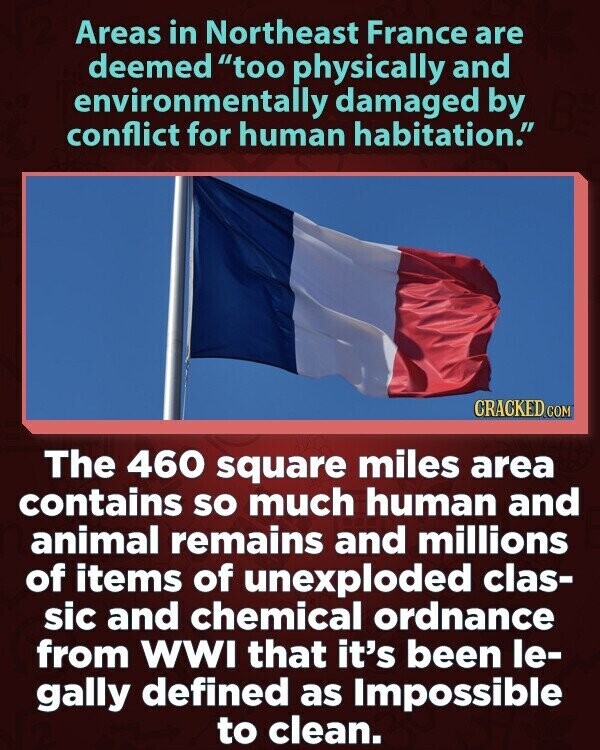 Areas in Northeast France are deemed too physically and environmentally damaged by conflict for human habitation. CRACKED.COM The 460 square miles area contains so much human and animal remains and millions of items of unexploded clas- sic and chemical ordnance from WWI that it's been le- gally defined as Impossible to clean.