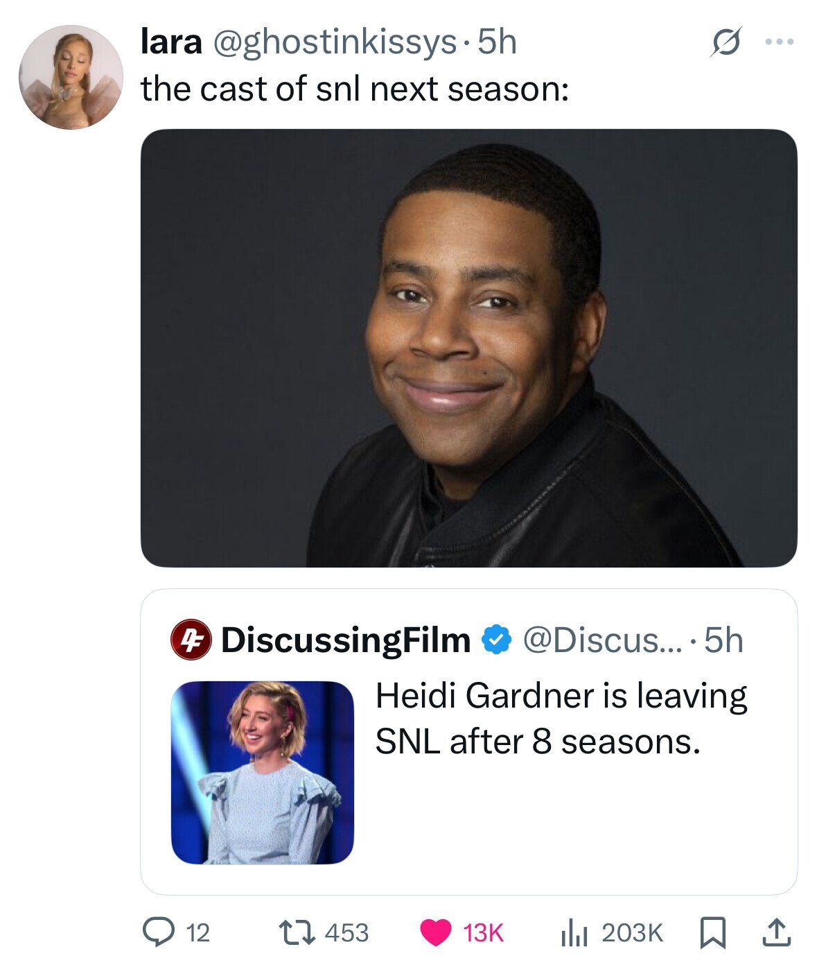lara @ghostinkissys.5h S ... the cast of snl next season: DiscussingFilm @Discus... 5h DF Heidi Gardner is leaving SNL after 8 seasons. 12 453 203K 13K 