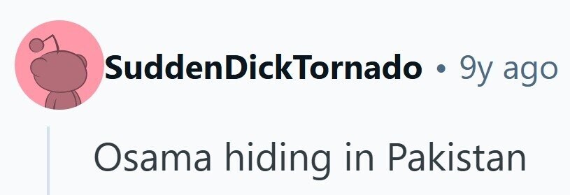 SuddenDickTornado . 9y ago Osama hiding in Pakistan