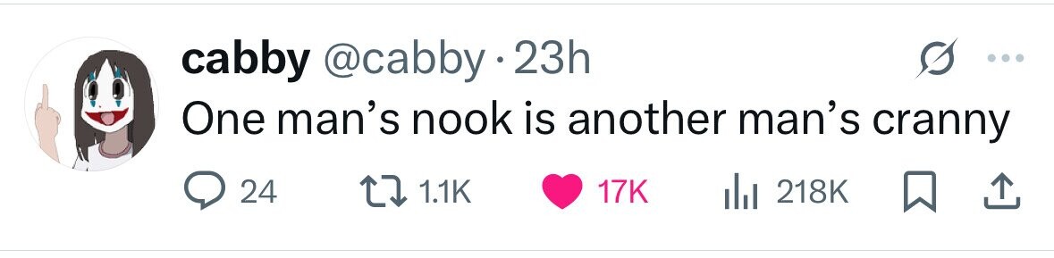cabby @cabby.2 23h One man's nook is another man's cranny 24 1.1K 17K 218K 